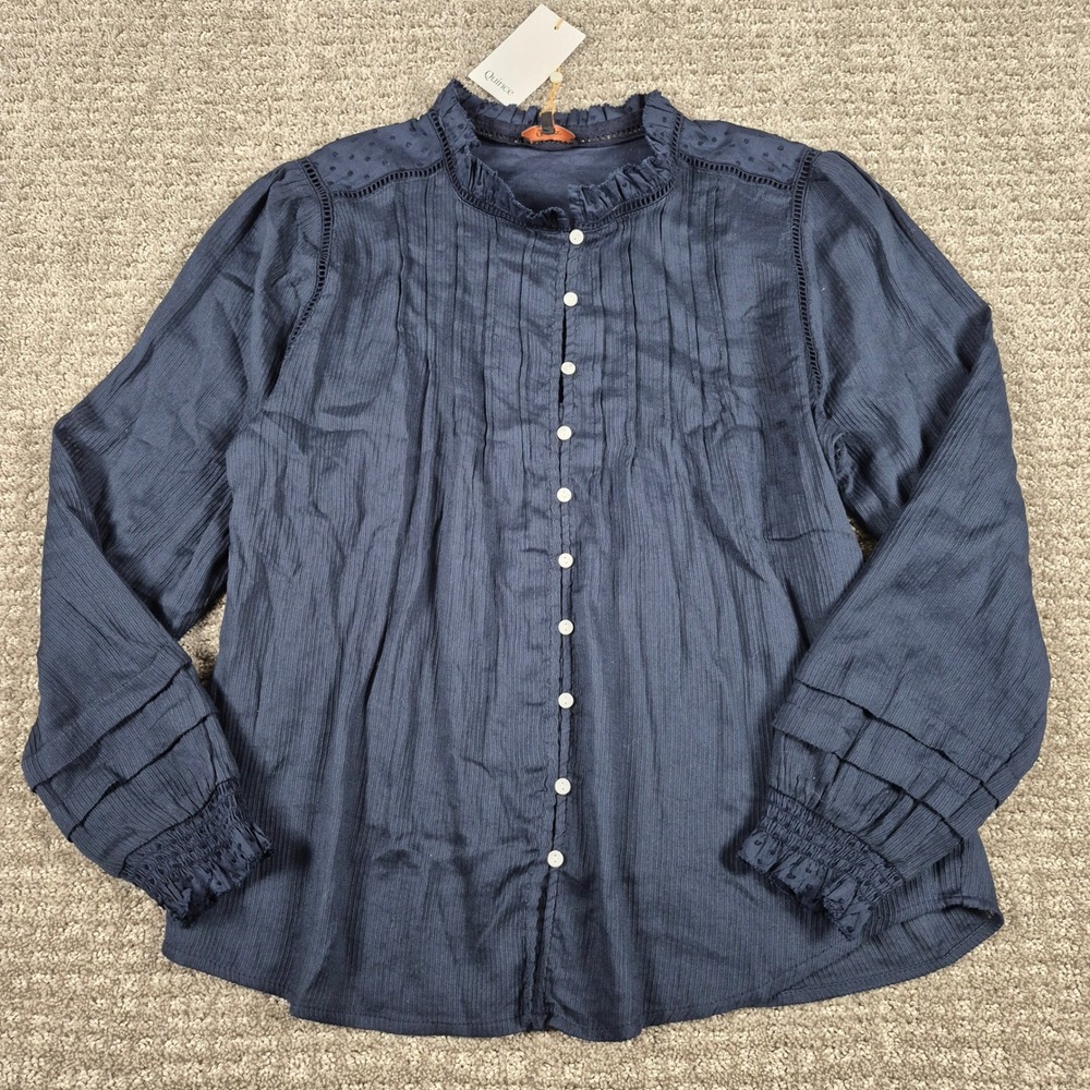 Quince Top Womens L Navy Organic Textured Cotton Peasant Blouse Ruffle Boho